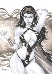 2018 big_breasts black_bikini black_clothes black_clothing black_hair black_lips black_lipstick bracers breasts busty crown curvaceous curvy dated dc dc_comics ed_benes_studio female female_only gem latex leandro_oliveira leather legion_of_superheroes long_hair monochrome pinup shadow_lass signature sling_bikini solo superheroine talokian tasmia_mallor thick_thighs thighs umbra umbrakinesis voluptuous