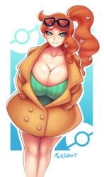 1girls alternate_breast_size breasts cleavage female female_only huge_breasts human human_only implied_breast_expansion looking_at_viewer mark_patten nintendo overcoat pokemon pokemon_ss solo solo_female sonia_(pokemon)