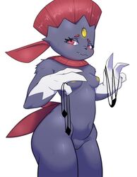 2019 32rabbitteeth anthro blush breasts female mammal nintendo nipples nude pokémon_(species) pokemon pokemon_dppt pussy red_eyes simple_background small_breasts solo video_games weavile yellow_nipples