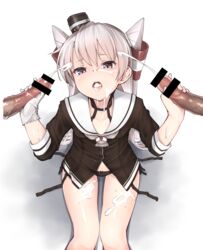 2boys absurdres after_fellatio amatsukaze_(kantai_collection) bangs bar_censor black_panties blush bow bow_panties breasts brown_dress brown_eyes bukkake censored choker collarbone commentary_request cum cum_in_mouth cum_on_body cum_on_lower_body cum_on_upper_body cumdrip disembodied_penis double_handjob dress ejaculation erection eyebrows_visible_through_hair facial female garter_straps gloves hair_between_eyes hair_tubes handjob hat highres holding kantai_collection long_hair long_sleeves looking_at_viewer mini_hat multiple_boys multiple_penises neckerchief open_mouth oral panties penis penis_grab sailor_dress saliva school_uniform serafuku short_dress side-tie_panties silver_hair simple_background single_glove sitting solo_focus straight tongue tongue_out two_side_up underwear veins veiny_penis wet white_background white_gloves zetsuriinu_(kairyougata)