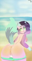 anus arms ass beach blue_tail breasts cat cat_ears feline furry green_eyes legs pussy septie show_pussy show_tongue trunks_(clothing) young youtuber