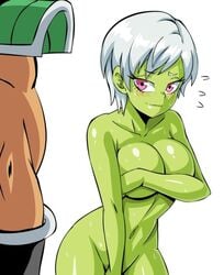 1boy 1girls :s abs alien alien_girl armor arms_up belly blush breasts broly cheelai clothed completely_nude covered_nipples covering covering_breasts covering_crotch dragon_ball dragon_ball_super ear embarrassed eyebrows eyebrows_visible_through_hair eyelashes eyes faceless_male female female_focus green_skin humanoid larger_male legs lewdamone male naked navel neck nude nude_female pink_eyes round_ears short_hair shoulders shounen_jump shy size_difference smaller_female source_request sweat thick_thighs wet white_background white_eyebrows white_hair