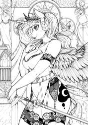 2019 alicorn anthro anthrofied armwear belt black_and_white blindfold bra breasts cameltoe cleavage clothed clothing crown cutie_mark dress elbow_gloves equid eyeshadow female fleur_de_lis_(mlp) friendship_is_magic garter_belt garter_straps gloves horn legwear leotard longinius makeup mammal melee_weapon monochrome my_little_pony piercing polearm princess_celestia_(mlp) princess_luna_(mlp) pussy scales smooth_skin solo sparkles spear stained_glass stockings sword tiara underwear weapon wings