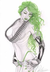 1girls ammo_belt ammunition aphrodite_ix assassin bandaged_arm bandages belt big_breasts black_sleeves breasts busty closed_eyes covered_breasts curvaceous curvy cyborg ed_benes_studio eyebrows eyelashes eyeshadow face_tattoo female female_only green_eyeshadow green_hair green_lips green_lipstick green_nail_polish green_nails green_panties green_thong gynoid hair image_comics long_hair nail_polish no_bra number_tattoo numbered panties pinup rick_waekmann_(artist) robot_girl shoulder_tattoo sleeves solo tattoo thong top_cow voluptuous wavy_hair