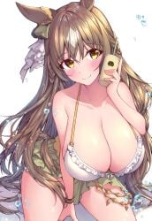 absurdres animal_ears between_legs bikini bikini_skirt blush braid breasts brown_eyes brown_hair cleavage collarbone cup female french_braid green_skirt hair_ornament hand_between_legs highres hikotou_(sao73cat) holding holding_cup horse_ears horse_girl huge_breasts long_hair looking_at_viewer satono_diamond_(umamusume) simple_background sitting skirt smile solo splashing swimsuit umamusume very_long_hair white_background white_bikini