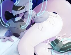 2019 3_fingers anthro armor ass clothed clothing detailed_background female female_mewtwo legendary_pokémon looking_back lying mewtwo nintendo partially_clothed penetration pokemon pokemon_(species) pokemon_rgby pussy pussy_juice skwidbone solo thick_thighs vaginal_penetration video_games