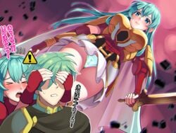 1boy 1girls alternate_breast_size aqua_hair bar_censor big_breasts blue_panties blush boris_(noborhys) breasts cameltoe censored cleavage commentary_request dress eirika_(fire_emblem) elbow_gloves ephraim_(fire_emblem) female fire_emblem fire_emblem:_the_sacred_stones forehead_jewel gloves green_eyes green_hair heart highres huge_breasts imagination japanese_text jewelry large_breasts leg_lift long_hair lying male nintendo nipples no_bra open_mouth overflow panties panties_aside penis pussy sex skirt sound_effects spooning spread_legs straight underwear white_dress