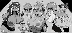 bottomless dark-skinned_female dj_octavio gothic_taco inkling large_ass large_breasts marina_(splatoon) meme monochrome nintendo octoling pearl_(splatoon) rule_63 scar splat_tim splatoon splatoon_2 thumbs_up topless