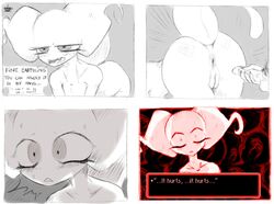 alien anal anus ass blush bzeh comic dialogue earthbound earthbound_(series) embarrassed eyelashes female giegue giygas implied_anal male mother_(series) nintendo nude pain penetration penis pussy shocked straight sweat video_games