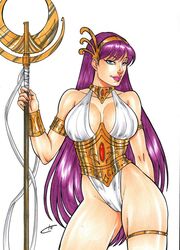 1girls 2019 armor athena_(saint_seiya) blue_eyes breasts carla_torres dated ed_benes_studio female female_only goddess gold_armor headpiece holding_staff holding_weapon human leotard long_hair pale-skinned_female pale_skin pink_lips pink_lipstick purple_hair reincarnation saint_seiya saori_kido scepter shounen_jump signature solo staff thick_thighs weapon white_clothing white_leotard wide_hips