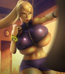 1girls 3d alternate_breast_size blonde_hair blue_eyes breasts breasts_bigger_than_head bursting_breasts casual_outfit_(metroid) clothed crop_top exercise female female_only huge_breasts metroid midriff navel nintendo ponytail punching_bag raikovjaba samus_aran short_shorts shorts sidelocks solo sweat tagme thick_thighs training underboob workout wrist_cuffs zipper