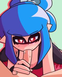 1boy 1girls blue_hair blush breasts fellatio female glowing_eyes half-closed_eyes heart heart-shaped_pupils human inkling inkling_girl interspecies kafein male male_pov mouth nintendo oral oral_sex penis pov splatoon splatoon_2 straight sweat text watermark