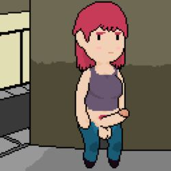 applejuiceman blush dickgirl functionally_nude futanari hard_pixels intersex pants penis pixel_art pubic_hair red_hair tagme tank_top