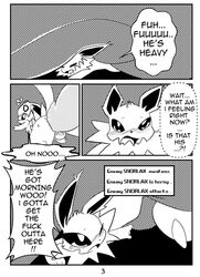 ass big_dom_small_sub blush eeveelution foreskin jolteon male monochrome nintendo original_character overweight penis pokémon_(species) pokemon pokemon_rgby profanity size_difference snorlax testicles text video_games white_crest