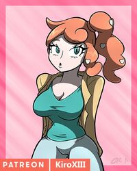 alternate_breast_size breast_expansion breasts green_eyes human human_only kiroxiii nintendo orange_hair pokemon pokemon_ss sonia_(pokemon) watermark