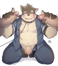 balls belly blush canid canine canis collar cum cum_drip cum_on_chest cum_on_face domestic_dog dripping erection flaccid foreskin furry group group_sex leash m_ikky male mammal moritaka musclegut navel oral pecs penis scar sex threesome tokyo_afterschool_summoners uncut vein video_games yaoi