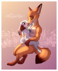 2019 4_fingers abs breasts canid canine countershade_torso countershading dipstick_ears dipstick_tail disney duo featureless_breasts female flat_chest fox gloves_(marking) green_eyes half-closed_eyes hi_res judy_hopps lagomorph leporid male mammal markings multicolored_ears multicolored_tail muscular nick_wilde nude on_lap one_eye_closed pattern_background pecs purple_eyes rabbit romantic_couple simple_background sitting_on_lap socks_(marking) straight thewinterbunny zootopia