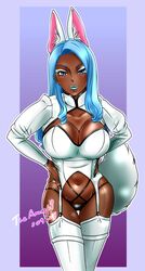 animal_ears big_breasts blue_eyes blue_hair breasts chiharu_isurugi curvy dark-skinned_female eyeshadow hands_on_hips lingerie panties purple_background revisions revisions_(anime) white_clothing white_fur