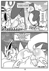 2boys anal anus ass cum cum_in_ass cum_inside cum_overflow doujinshi eeveelution end_page foreskin furry gaping inflation jolteon male monochrome nintendo original_character page_6 penis pokémon_(species) pokemon pokemon_rgby sex snorlax stomach_bulge testicles video_games white_crest