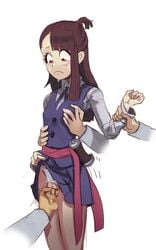 akko_kagari atsuko_kagari blush brown_eyes brown_hair crotchless_panties female fingering frown groping kagari_atsuko little_witch_academia long_hair looking_down luna_nova_school_uniform out_of_frame panties polyle pussy pussy_juice rape scared school_uniform simple_background skirt skirt_lift solo_focus standing studio_trigger tears white_background white_panties