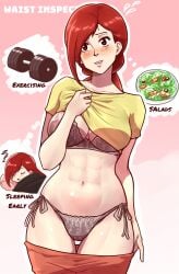 91m10 abs blush bra breasts female female_focus female_only light-skinned_female light_skin red_eyes red_hair ruby_koroma_(91m10) salad sleeping solo solo_female thighs weights