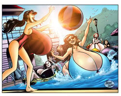 bikini cleavage female_only fiona_flannagan gigantic_breasts gwen_beaumont hyper_breasts low_ponytail mariano_navarro mei_lau multiple_girls party ponytail pool rayya_rahman smile swimsuit tara_rahman visor_cap welcome_to_chastity