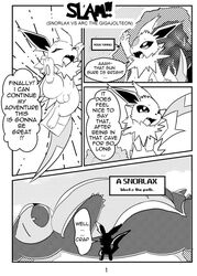 doujinshi eeveelution flaccid jolteon male monochrome nintendo original_character penis pokémon_(species) pokemon pokemon_rgby screen_tones snorlax testicles text video_games white_crest