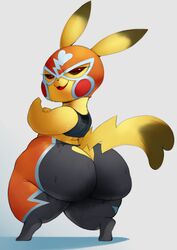 ass ass_cleavage big_ass butt butt_crack cosplay_pikachu female flexing flexing_bicep forastero huge_ass looking_at_viewer nintendo pikachu pikachu_libre pokémon_(species) pokemon simple_background smile sweat sweat_stain sweatdrop sweaty tagme thick thick_thighs tight_clothing tights