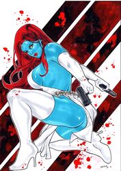 1girls 2018 abstract_background ass bare_ass big_breasts blood blood_splatter blood_stain blue_skin breasts busty curvaceous curvy dated dual_wielding ed_benes_studio erect_nipples female female_only gardenio_lima gloves gun guns heels holding_gun holding_weapon homo_superior human leotard loincloth long_hair marvel marvel_comics mutant mystique nipples nipples_visible_through_clothing on_one_knee pinup pistol raven_darkholme red_hair red_lips red_lipstick revealing_clothes shapeshifter signature skull skull_belt solo supervillain thighhighs voluptuous white_gloves white_heels white_leotard white_loincloth white_thighhighs x-men yellow_eyes yellow_sclera