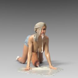 1futa 3d absurdres all_fours ball_bulge balls balls_under_clothes blonde_hair blue_eyes breasts cum cum_drip cum_in_mouth cum_pool cumdrip cumming cumshot curvy ejaculation erection excessive_cum front_view futa_only futa_sans_pussy futanari half_nude hands-free handsfree_ejaculation heartseekerart highres huge_cock hyper hyper_penis intersex jamie_(heartseekerart) penis penis_out realistic shorts slim solo thick_penis topless veiny_penis wide_hips