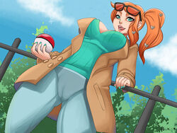 1girls alternate_breast_size big_breasts breasts cameltoe cleavage clothed_female female female_only glasses glasses_on_head green_eyes human human_only large_breasts low-angle_view orange_hair painted_nails pokeball pokemon pokemon_ss ponytail potchi side_ponytail solo sonia_(pokemon) trenchcoat