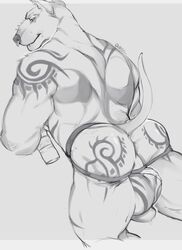 anthro ass balls big_balls canid canine canis clothing clothing_aside domestic_dog flaccid greyscale jockstrap male male_only mammal monochrome muscular muscular_male penis solo tattoo thick_thighs underwear underwear_aside ursso_(artist)