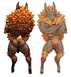 anthro ass balls bell body_hair bovid brown_fur caprine chest_hair foreskin fur glans haskell hooves horn male male_only mammal muscular navel nude orange_fur penis pockyrumz pubes standing vein veiny_penis