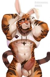 1boy abs anthro bakemonoy balls blush bunny_ears_(disambiguation) erection facial_piercing felid hi_res male male_only mammal mostly_nude muscular muscular_male nipple_piercing nipples nose_piercing nose_ring pantherine pecs penis piercing pinup pose solo tiger uncut