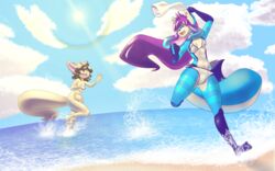 assisted_exposure beach bikini breasts cameltoe canid canine clothing cloud female fennec forced_nudity fox furry furry_only han han_moz mammal nude one-piece_swimsuit outdoors public running sea seaside sharked sharking shiva_cheshire sky stripped swimwear water