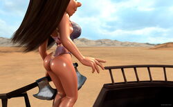 1girls 3d back_view bantha-ii_cargo_skiff bare_shoulders big_breasts brown_hair busty cleavage curvy dat_ass day detailed_background female female_only front_view holding_object hourglass_figure human jabba's_palace kondaspeter leotard long_hair outdoor outside pose posing sand shiny shiny_skin sideboob solo standing star_wars tatooine thong vibro_axe vivi_(kondaspeter) voluptuous weapon wide_hips