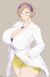 1girls alternate_breast_size big_breasts breasts busty cleavage clothed clothes clothing erovsaaaka female female_only gilf grandmother green_eyes hands_in_pockets hips huge_breasts human human_only humanoid labcoat large_breasts looking_at_viewer magnolia_(pokemon) mature mature_female nintendo old_woman pokemon pokemon_professor pokemon_ss solo solo_female text thick thick_thighs thighs watermark wide_hips wrinkles