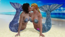 2girls 3d alien_(franchise) alien_(movie) blonde_hair blue_tail closed_eyes crossover eastern_and_western_character ellen_ripley female jc-starstorm kissing mermaid mermaid_tail metroid necklace nintendo samus_aran seashell_bra tail tattoo yuri