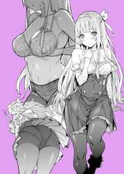 1girls ass atelier_(series) atelier_ryza bangs bare_shoulders blush bra braid breasts closed_eyes cowboy_shot female from_behind from_below greyscale hairband hairband_bow head_out_of_frame klaudia_valentz large_breasts long_hair looking_at_viewer midriff miniskirt monochrome multiple_views mushi024 navel panties panties_under_pantyhose pantyhose pleated_skirt purple_background simple_background skirt sleeveless sweatdrop underwear upskirt