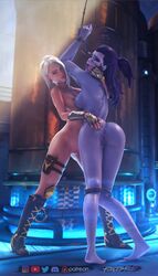 2019 2girls 3d alternate_version_available anus ashe_(overwatch) ass blender blizzard_entertainment bondage female female_only femdom femsub forceballfx futanari_version_available looking_at_viewer looking_back nude overwatch pussy widowmaker yuri