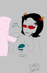 1boy 1girls alternate_breast_size big_breasts black_hair breasts dialogue female grey_background grey_skin homestuck horn huge_breasts l0rdsm3xy large_breasts ms_paint_adventures naked nipples paizuri penis red_eyes scar sex sharp_teeth short_hair smile straight teal_nipples terezi_pyrope text troll white_skin