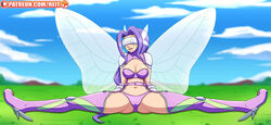 1girls 4_wings anime_bangs armor bangs belt boots bra breasts cameltoe cleavage cleavage_cutout clothed covered_eyes digimon eyes_covered fairimon fairy fairy_wings fairymon female female_only grass half_clothed huge_breasts kazemon large_breasts legs_apart long_hair mask monster_girl outdoors pauldrons public purple_hair reit sitting smile spread_legs stomach thick_thighs thighhigh_boots thighhighs thighs underwear visor wings