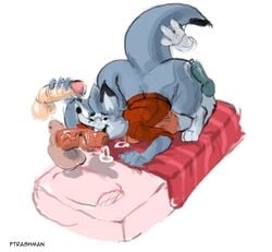 alex_the_rubikang anthro ass bed big_butt bottomless clothed clothing cum erection fellatio ftrashman_(artist) furry group handjob hi_res huge_butt male male_only mammal marsupial oral penile penis rubikang sex sweater topwear