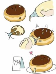 <3_eyes animate_inanimate black_eyes candy chocolate cream cream_filled_doughnut cream_filling doughnut food food_creature heart human low_res mammal penetration plate price simple_background white_background