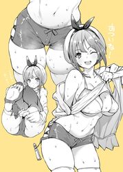 1girls ;d ass atelier_(series) atelier_ryza bangs bare_shoulders barefoot blush booty_shorts bra breasts cameltoe clothed cowboy_shot fat_thighs feet female gloves greyscale hands_on_thighs hat headwear large_breasts legwear looking_at_viewer midriff multiple_views mushi024 navel one_eye_closed open_mouth parted_lips partially_colored reisalin_stout shirt_lift short_shorts shorts simple_background single_glove sitting skindentation smile soles stirrup_legwear sweat sweaty text thick_thighs thigh_gap thighhighs thighs toeless_legwear toes underwear vial wet yellow_background