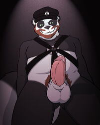 2009 anthro balls bondage bound clamcrusher erection fur giant_panda green_eyes jeddroo looking_at_viewer male male_only mammal multicolored_fur penis precum smile teeth ursid