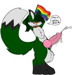 absurd_res animal_genitalia animal_penis anthro balls big_balls big_penis blush canid canine canine_penis collar digitigrade excessive_precum flag fox fur green_fur hi_res icedragondee_(artist) knot long_tail male mammal paws penis precum precum_ejaculation rainbow solo tuft zerofox