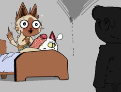 animal_crossing bed big_penis capcom domestic_cat erection felid feline felis felyne female ftrashman_(artist) furry group huge_cock lynian male male_focus mammal monster_hunter nintendo olivia_(animal_crossing) palico penis straight video_games