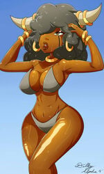 1girls 2016 abs anthrofied armpits ass big_ass bikini bouffalant bracelet breasts dalley_le_alpha dark-skinned_female dark_skin deviantart earrings female female_only grey_hair hair_over_one_eye half-closed_eyes hands_on_head horns huge_breasts humanized humanized_pokemon large_breasts legs midriff moemon muscular muscular_female nintendo pokemon pokemon_bw sweat text thick_thighs watermark wet wide_hips yellow_eyes