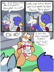 avian bed bird blush canid canine canis comic dialogue english_text erection falco_lombardi fox fox_mccloud foxzombiej furry gift hi_res humor inside male male_only mammal muscular nintendo penile penis star_fox text video_games wolf wolf_o'donnell yaoi